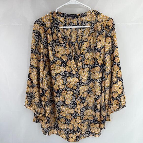 NYDJ Women 1X Floral Top Blouse Lightweight Blue Gold 3/4 Sleeve Flowy Shirt - Picture 1 of 9